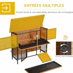 Clapier à lapin 2 niveaux cloisonnables - niche, rampe, plateaux, rateliers, portes - métal époxy bois pré-huilé