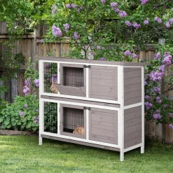 Clapier à lapin cage à lapin 2 étages trappe de séparation amovible 4 portes verrouillables 2 plateaux coulissants rampe toit ouvrant bois de sapin gris blanc