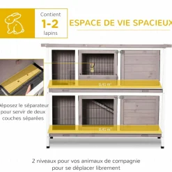 Clapier à lapin cage à lapin 2 étages trappe de séparation amovible 4 portes verrouillables 2 plateaux coulissants rampe toit ouvrant bois de sapin gris blanc