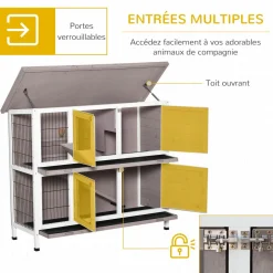 Clapier à lapin cage à lapin 2 étages trappe de séparation amovible 4 portes verrouillables 2 plateaux coulissants rampe toit ouvrant bois de sapin gris blanc