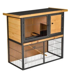 Clapier à lapin cage à lapin 2 niveaux 3 portes verrouillables rampe toit ouvrant bitûmé métal époxy pin pré-huilé