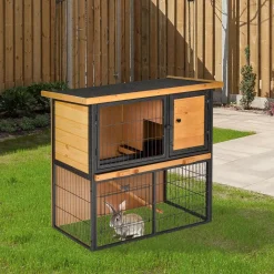 Clapier à lapin cage à lapin 2 niveaux 3 portes verrouillables rampe toit ouvrant bitûmé métal époxy pin pré-huilé