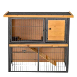 Clapier à lapin cage à lapin 2 niveaux 3 portes verrouillables rampe toit ouvrant bitûmé métal époxy pin pré-huilé