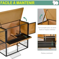 Clapier à lapin cage à lapin 2 niveaux 3 portes verrouillables rampe toit ouvrant bitûmé métal époxy pin pré-huilé