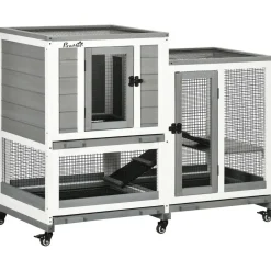 Clapier à lapin sur roulettes cage à lapin 3 niveaux 2 portes verrouillables 3 plateaux coulissants rampes bois sapin acier gris blanc