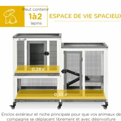 Clapier à lapin sur roulettes cage à lapin 3 niveaux 2 portes verrouillables 3 plateaux coulissants rampes bois sapin acier gris blanc