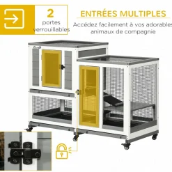 Clapier à lapin sur roulettes cage à lapin 3 niveaux 2 portes verrouillables 3 plateaux coulissants rampes bois sapin acier gris blanc