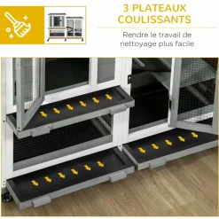 Clapier à lapin sur roulettes cage à lapin 3 niveaux 2 portes verrouillables 3 plateaux coulissants rampes bois sapin acier gris blanc