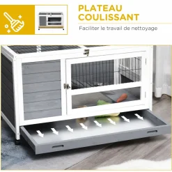 Clapier à lapin sur roulettes cage à lapin 2 niv. 2 portes verrouillables toit ouvrant plateau coulissant rampe bois gris blanc