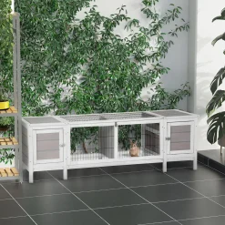 Clapier cage à lapin 2 portes toit ouvrant cloison amovible 2 niches plateaux déjection blanc gris