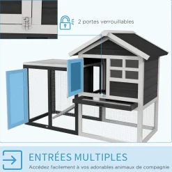 Clapier cage à lapins multi-équipé : niche supérieure avec rampe, plateau excrément, fenêtre + enclos extérieur sécurisé 2 portes 122L x 63l x 92H cm gris