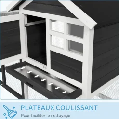 Clapier cage à lapins multi-équipé : niche supérieure avec rampe, plateau excrément, fenêtre + enclos extérieur sécurisé 2 portes 122L x 63l x 92H cm gris