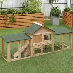 Clapier cage à lapins rongeurs XXL 2 étages toit bitumé intégral tiroir déjection 2,10L x 0,46l x 0,85H m bois massif pin pré-huilé