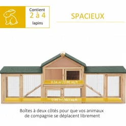 Clapier cage à lapins rongeurs XXL 2 étages toit bitumé intégral tiroir déjection 2,10L x 0,46l x 0,85H m bois massif pin pré-huilé