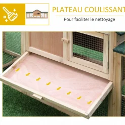 Clapier cage à lapins rongeurs XXL 2 étages toit bitumé intégral tiroir déjection 2,10L x 0,46l x 0,85H m bois massif pin pré-huilé