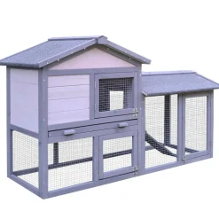 Clapier cage à lapins rongeurs 2 niveaux 3 portes verrouillables tiroir à déjection toit intégral bitumé 147L x 54l x 84H cm bois massif pin gris blanc