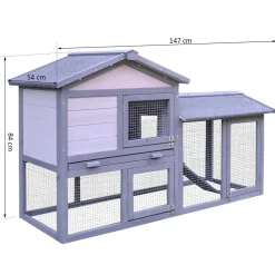 Clapier cage à lapins rongeurs 2 niveaux 3 portes verrouillables tiroir à déjection toit intégral bitumé 147L x 54l x 84H cm bois massif pin gris blanc
