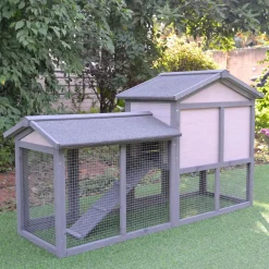 Clapier cage à lapins rongeurs 2 niveaux 3 portes verrouillables tiroir à déjection toit intégral bitumé 147L x 54l x 84H cm bois massif pin gris blanc