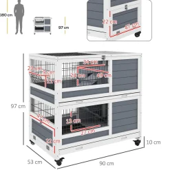 Clapier cage lapin sur roulettes - 2 niveaux, 2 plateaux, 3 portes, rampes - bois sapin gris blanc