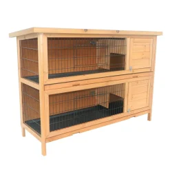 Clapier sur pieds cage à lapin double niveau plateaux excréments coulissants 4 portes verrouillables dim. 137L x 50l x 93H cm bois massif pin toit bitumé vert
