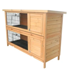 Clapier sur pieds cage à lapin double niveau plateaux excréments coulissants 4 portes verrouillables dim. 137L x 50l x 93H cm bois massif pin toit bitumé vert