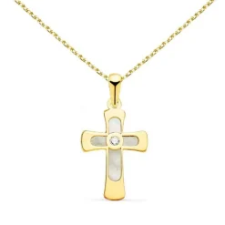 Collier - Médaille Croix Or 18 Carats 750/000 Jaune et Nacre - Chaine Dorée