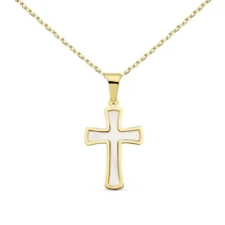 Collier - Médaille Croix Or 18 Carats 750/000 Jaune et Nacre - Chaine Dorée