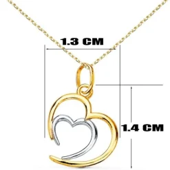 Collier - Pendentif Or 18 Carats 750/000 Bicolore - Coeur Double - Chaine Dorée