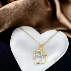 Collier - Pendentif Or 18 Carats 750/000 Bicolore - Coeur Double - Chaine Dorée