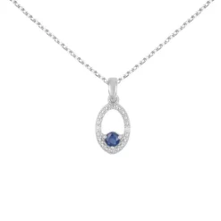 Collier - Pendentif Or Blanc Diamants et Saphir Bleu - Chaine Argentée - Femme