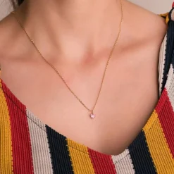 Collier - Pendentif Or Jaune 18 Carats 750/000 - Zirconium Rose - Chaine Dorée