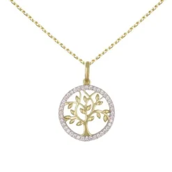 Collier - Pendentif Or Jaune Arbre de Vie Serti de Zirconiums - Chaine Dorée Offerte