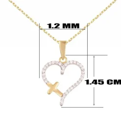 Collier - Pendentif Or Jaune et Zirconiums - Motif Coeur et Croix - Chaine Dorée