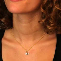 Collier - Pendentif Or Jaune Oeil Serti de Zirconiums - Chaine Dorée Offerte