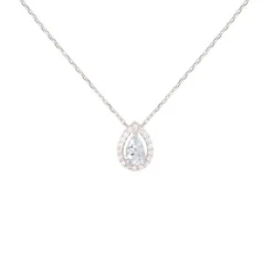 Collier Or Blanc Topaze Bleue en Goutte et Zirconiums – Femme