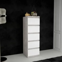 Commode CHELSEA 5 tiroirs - 41,8 cm - Décor optique béton clair KILOX et blanc mat