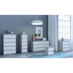 Commode CHELSEA 5 tiroirs - 41,8 cm - Décor optique béton clair KILOX et blanc mat