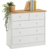 Commode de chambre RONDO meuble de rangement avec 5 tiroirs, en pin massif lasuré blanc et brun
