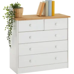 Commode de chambre RONDO meuble de rangement avec 5 tiroirs, en pin massif lasuré blanc et brun