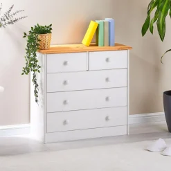 Commode de chambre RONDO meuble de rangement avec 5 tiroirs, en pin massif lasuré blanc et brun