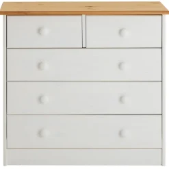 Commode de chambre RONDO meuble de rangement avec 5 tiroirs, en pin massif lasuré blanc et brun