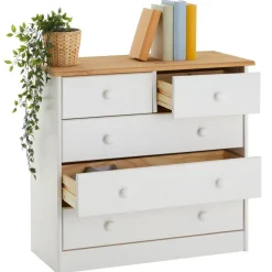 Commode de chambre RONDO meuble de rangement avec 5 tiroirs, en pin massif lasuré blanc et brun