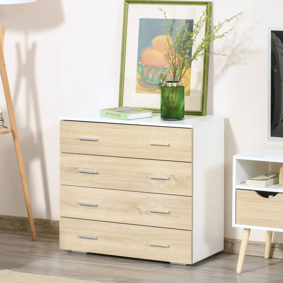 Commode meuble de rangement style contemporain 4 tiroirs 76 x 35 x 72 cm blanc et couleur bois