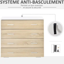 Commode meuble de rangement style contemporain 4 tiroirs 76 x 35 x 72 cm blanc et couleur bois