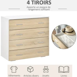 Commode meuble de rangement style contemporain 4 tiroirs 76 x 35 x 72 cm blanc et couleur bois