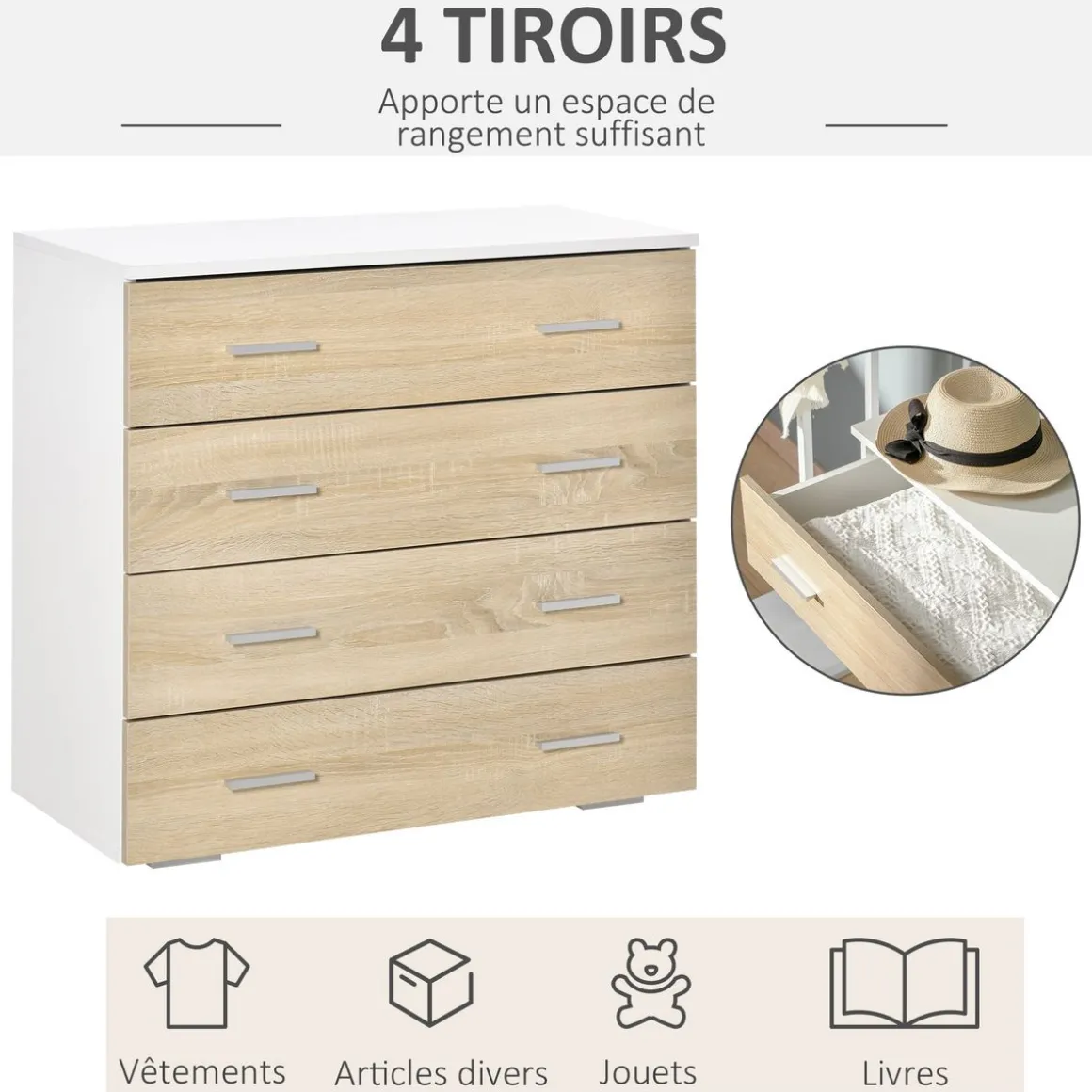 Commode meuble de rangement style contemporain 4 tiroirs 76 x 35 x 72 cm blanc et couleur bois