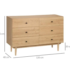 Commode vintage 6 tiroirs coulissants piètement bois de pin panneaux aspect bois de teck