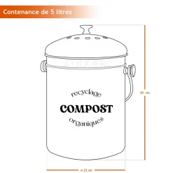 Composteur, bac, poubelle à compost de cuisine 5L rond en Inox - Noir