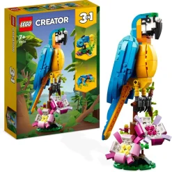 Creator 31136 - Le perroquet exotique, Jouet de Construction, Figurines Animaux de la Jungle, avec Grenouille et Poisson