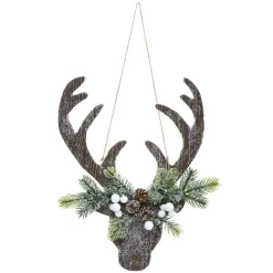 Décoration de Noël à suspendre Tête de renne - Hauteur 35 cm - Marron et vert